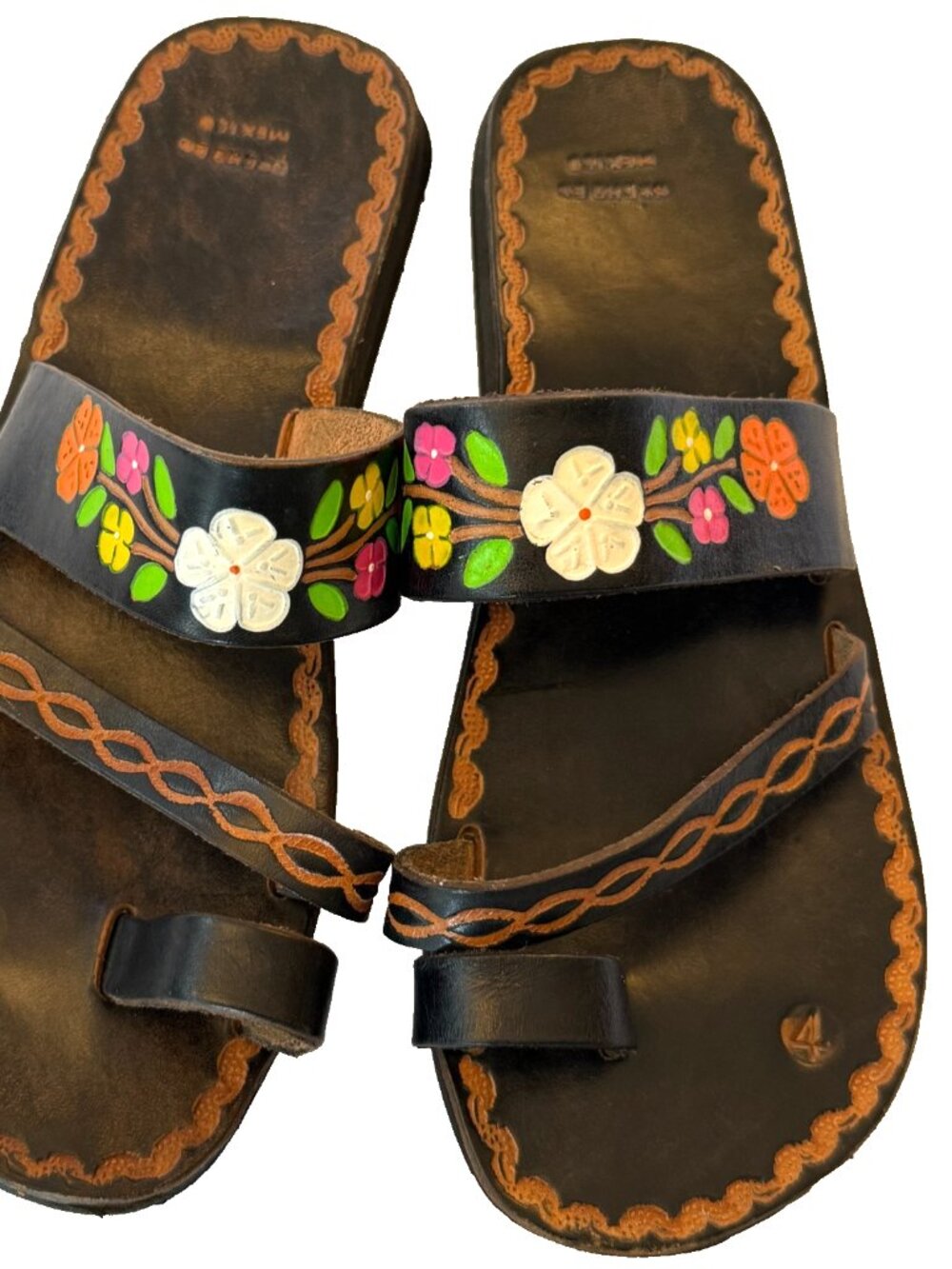 MEXICAN FLORAL BLACK LEATHER SANDALS WOMENS SIZE 7 7.5 MEXICAN SIZE 24 TOE LOOP